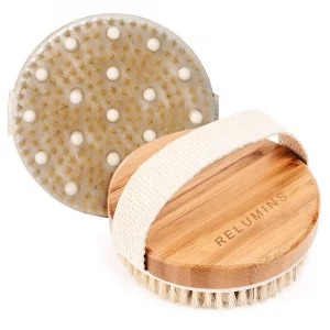 NEW! Relumins wet and dry bath brush! Created with a stunning natural wood handle, a comfortable canvas strap, and soft, but sturdy boar bristles!